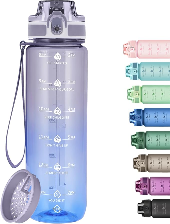 32oz Motivational Water Bottles with Time Marker & Fruit Strainer, Transparent Gradient Color Water Bottle with Times to Drink, Leakproof & BPA Free, Reusable Bottle with Strap (No Straw)-CasaMuseHome