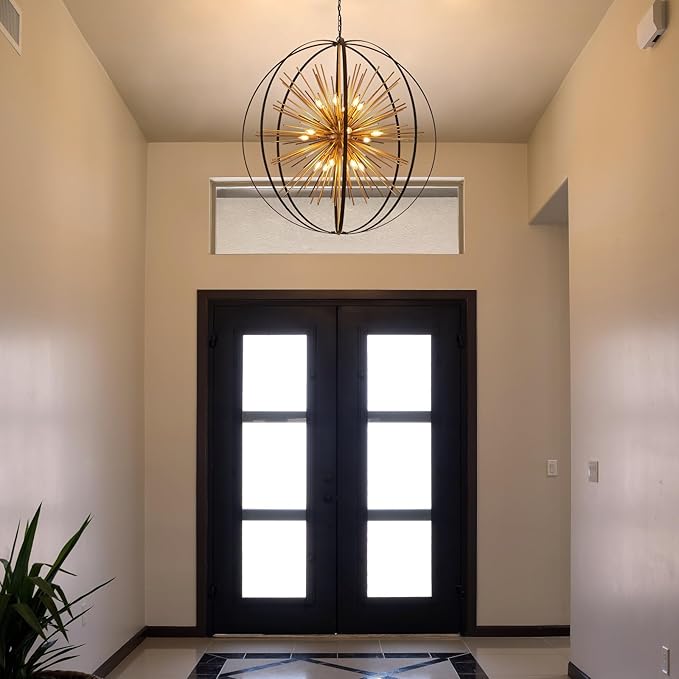 43.3" Black Gold 18-Light Globe Sputnik Chandelier Modern Adjustable Hanging Ceiling Firework Pendant Light Fixture for Entryway Foyer Stairway Kitchen Dining Living Room Hallway-CasaMuseHome