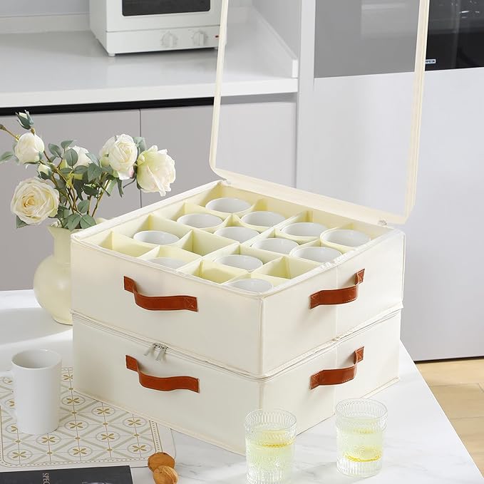 2 Pack Cup and Mug Storage Box with Dividers and Hard Shell, Stackable Coffee Cup Storage Organizer with Lid, Zipper, and Handles for Coffee Mugs, Cups, Glasses, Stemware Storage Containers for Moving-CasaMuseHome