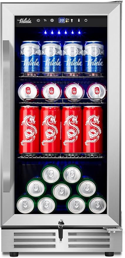 15'' Beverage Refrigerator and Beer Fridge Under Counter Built-in or Freestanding,127 Cans Beverage Cooler with Glass Door and Lock for Bottles and Cans Beer/Soda/Water/Wine-CasaMuseHome