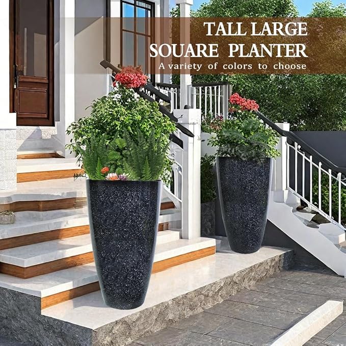 2 Pcs Pack 21 Inches Plastic Resin Tall Tapered Planter Pots Large Round Planter Flower Pot with Drainage Holes for Indoor Outdoor Deck Porch Garden Home Patio Front Door (Black, L)-CasaMuseHome