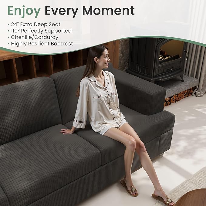 2 Piece Set Comfy Sofa Couch, 2 3-Seater Sofa with Deep Seats, Modern Sleeper Couch for Living Room, Black Corduroy-CasaMuseHome