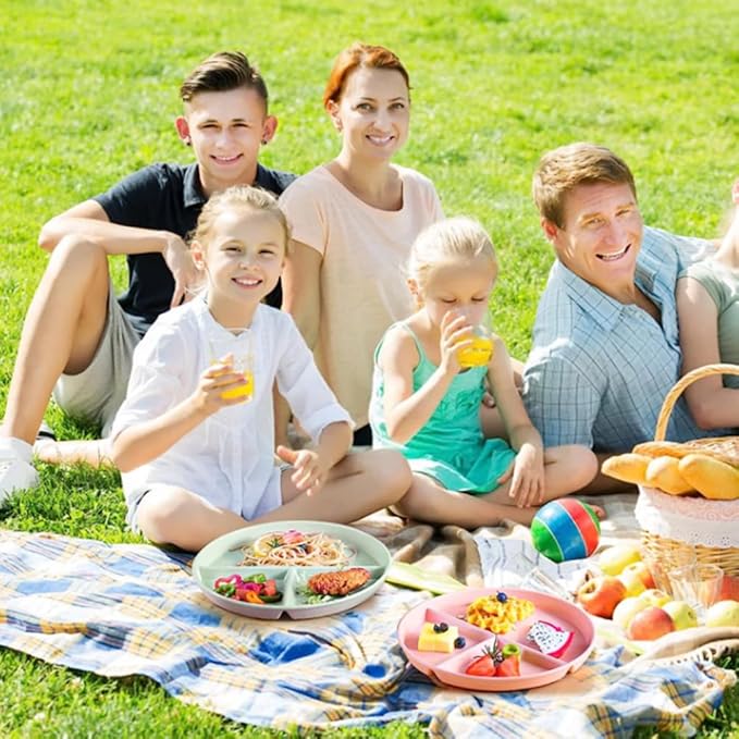 9" Unbreakable Divided Plates Set of 5, Wheat Straw Plate Reusable Dinnerware Portion Control Plates, Round Bariatric Plastic Plate for Kids Adults, BPA-free, Dishwasher Safe-CasaMuseHome