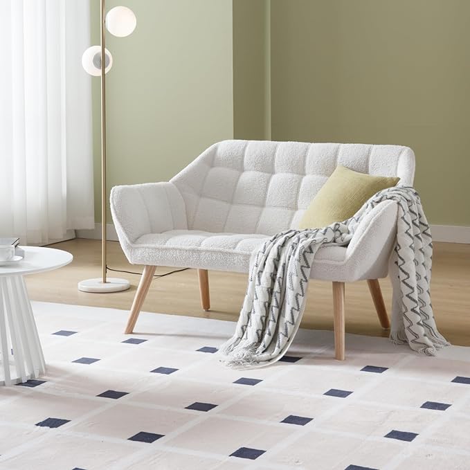 48" Small Loveseat Sofa, Modern Sherpa Mini Sofa Couch 2-Seater Fluffy Love Seat with Quilting Backs and Wood Legs for Living Room, Bedroom and Small Space, White-CasaMuseHome