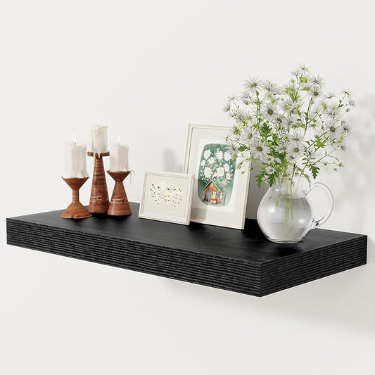 12 Inch Deep Black Floating Shelves, 24 x 12 Floating Shelf for Books, Rustic Wood Deep Wall Shelves for Home Storage & Display, 2" Thicked Shelves for Kitchen, Living Room, Bedroom, 1 Pack-CasaMuseHome