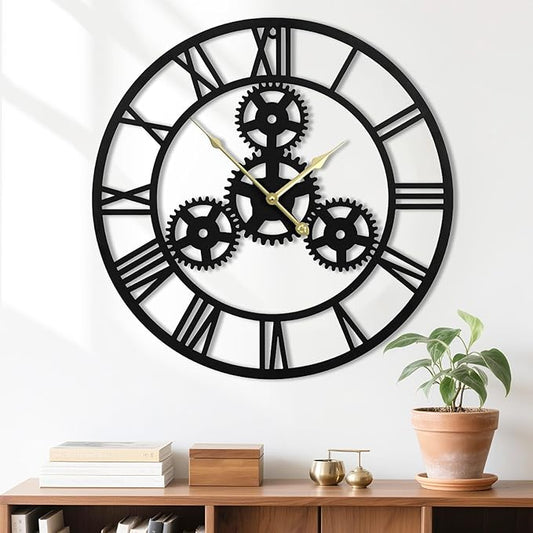 24inches/60cm Wall Clocks for Living Room Deco Non Ticking Silent Battery Operated Metal Modern Vintage Roman Numeral Oversized Gear Wall Clocks for Bedroom Kitchen Fireplace Office Farmhouse-CasaMuseHome