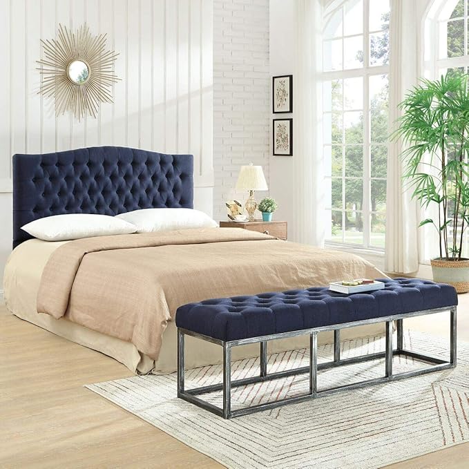 24KF Upholstered Tufted Button Linen Fabric Headboard,Comfortable Fashional Headboard Queen/Full Size,Navy Blue-CasaMuseHome
