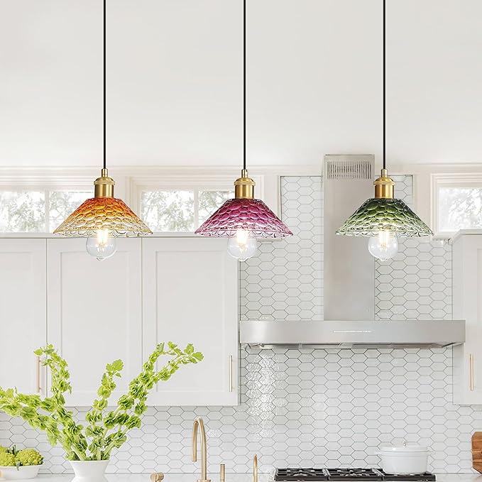 3-Light Pendant Lights Kitchen Island, Ceiling Hanging Lighting Fixtures, Colorful Vintage Glass Shade Pendants, Modern Gold Dining Room Chandeliers Height Adjustable for Farmhouse Living Room-CasaMuseHome