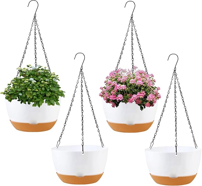 4 Pack Plastic Hanging planters for Indoor Plants,8 Inch Plant Pot Indoor Outdoor Hanging Baskets,Hanging Flower Pots with Drainage Holes and Chain for Garden Porch Plants(White)-CasaMuseHome