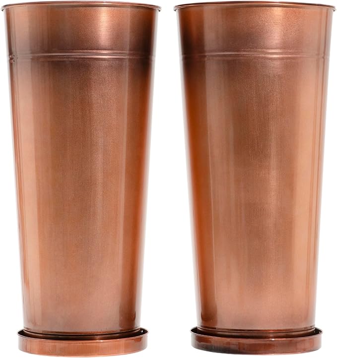 28in Tall Antique Copper Metal Vintage Planter Set of 2,Galvanized Steel Planter Pots for porches/Indoor/Outdoor/terraces Patio- Copper Color(2planters,2inner pots with Holes, 2trays)-CasaMuseHome