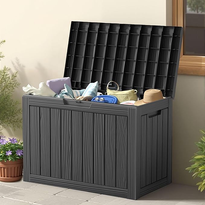 45 Outdoor Storage Box, Waterproof Resin Deck Box with Side Handles, Lockable Outdoor Bench for Indoor & Outdoor Use, Storage Bin for Patio Cushions, Garden Tools, Package Delivery, Black-CasaMuseHome