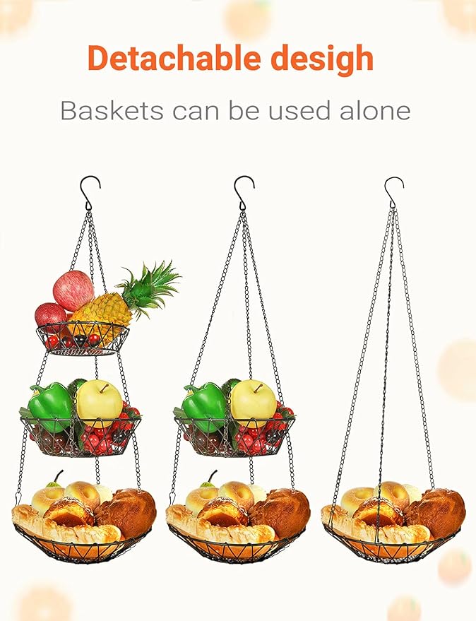 3 Tier Hanging Basket with Sturdy Metal Chain Hanging Hooks Fruit and Vegetable Basket Heavy Duty Wire Organizer Space Saving Rustic Country Style Kitchen Storage-CasaMuseHome