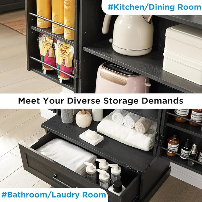 72" Farmhouse Kitchen Pantry Cabinet with Drawer, Tall Storage Cabinet with 2 Barn Doors and Shelves, Versatile Large Rustic Storage for Dining Room, Bathroom, Living Room, Black-CasaMuseHome