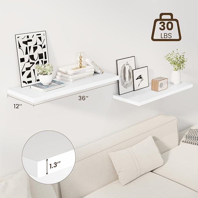 36" Floating Shelves for Wall, 12" Deep Slim White Floating Shelves, Wall-Mounted Shelves for Bedroom, Living Room, Kitchen, Bathroom - Set of 2-CasaMuseHome