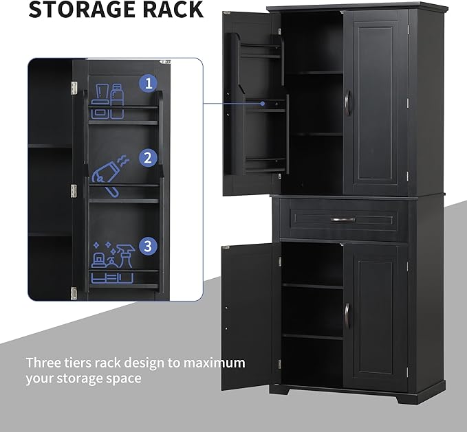 72.2" Tall Storage Cabinet with 4 Doors and Drawer, Freestanding Linen Cabinet, Wooden Pantry with Adjustable Shelf for Kitchen, Bathroom, Living Room Black-CasaMuseHome