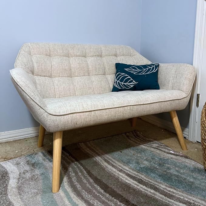 48”Small Loveseat Sofa, Modern Linen Upholstered Mini Couch 2-Seater Fluffy Love Seat with Quilting Backs and Wood Legs for Small Space Living Room, Bedroom, Beige-CasaMuseHome