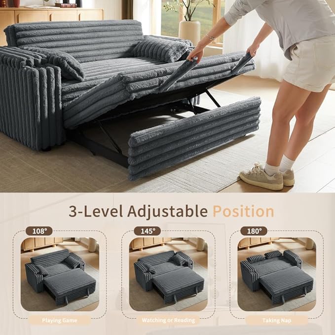 68.11" Corduroy Convertible Sofa Bed with USB Charging Port, Foldable Sleeper Chair with Pillows & Armrests, 3-in-1 Floor Couch for Living Room, Bedroom, Guest Room – Dark Gray-CasaMuseHome