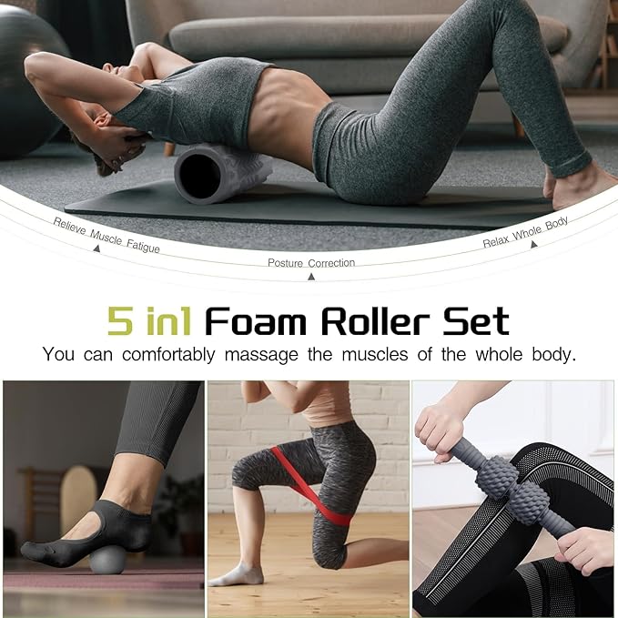 5-in-1 Foam Roller Set, Massage Roller Stick, Massage Ball, Resistance Band for Deep Muscle Massage, Trigger Point Release, Pilates, Yoga (Grey)-CasaMuseHome