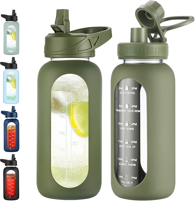 32 oz Glass Water Bottle with Straw and Handle, Sports Motivational Water Flask with Silicone Sleeve, Large Leakproof Water Flask Cup with Time Marker for Travel, Gym, Army Green-CasaMuseHome
