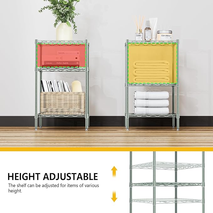 750 lbs 3-Shelf Storage Shelves Wire Shelving Unit Standing Metal Rack for Small Places Narrow Wire Rack for Bathroom, Green 13.8 D x 13.8" W x 25.5" H-CasaMuseHome