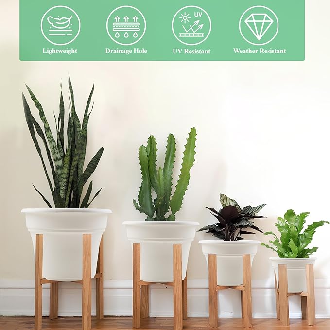 13 Inch Plastic-Flower-Pot-for-Indoor-Plants, 4 Pack Large Outdoor Planter Pot with Drainage Holes & Saucers, Resin Decorative Garden Pots Planters-CasaMuseHome