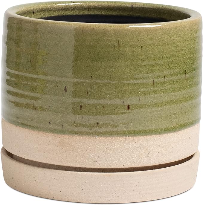 8 Inch Pots for Plants, Ceramic Planter Pot with Drainage Hole & Saucer, Indoor/Outdoor Cylinder Round Planter Pot, Green & Beige-CasaMuseHome