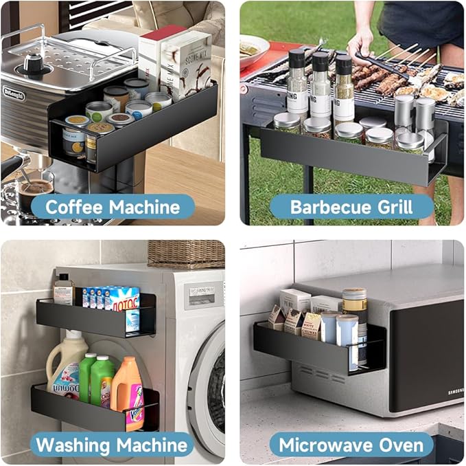 4 Pack Magnetic Spice Rack for Refrigerator, Black Magnetic Shelf for Kitchen Organizer and Storage, Mini Organizers for Oven and Fridge with 4 Hooks-CasaMuseHome