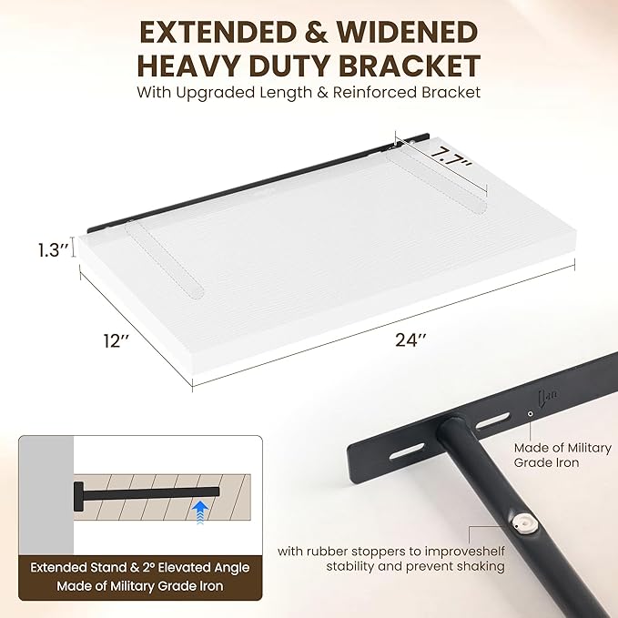 24" Floating Shelves for Wall, 12" Deep Slim White Floating Shelves, Wall-Mounted Shelves for Bedroom, Living Room, Kitchen, Bathroom - Set of 2-CasaMuseHome