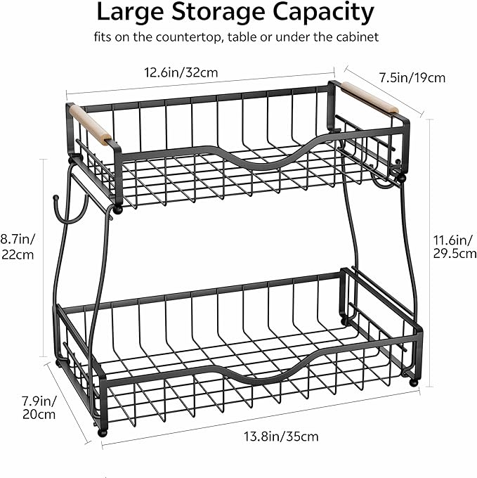 2 Tier Fruit Basket with 2 Banana Hangers, Fruit Bowl for Kitchen Countertop with 2 Wooden Handle, Detachable Metal Fruit Holder for Vegetable Bread with 2 Protective Pads, Black-CasaMuseHome