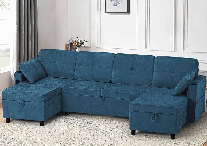 110 Inches Chenille Sectional Sofa w/Pull Out Sofa Bed & Adjustable Back, Tufted U Shaped Couch w/Two Storage Chaises, Sleeper Sectional Sofa w/USB Port & Cup Holders for Living Room, Blue-CasaMuseHome