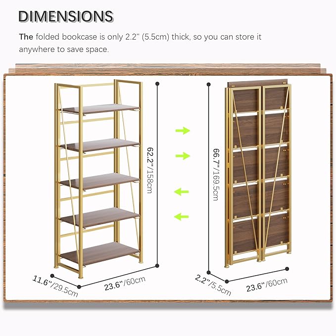 4NM No Assembly Foldable Bookshelf, 5-Shelf Collapsible Bookcase Storage for Small Spaces, 62.2" H, Brown and Golden-CasaMuseHome