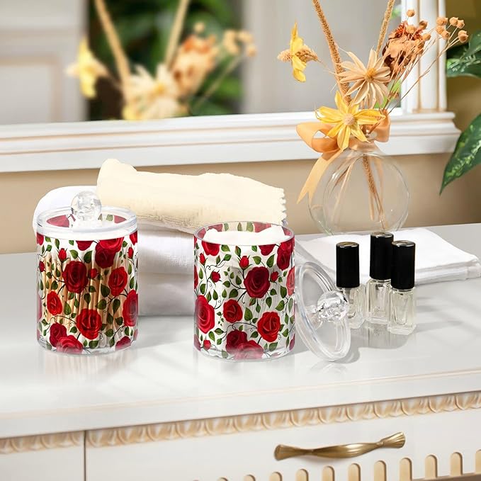 2 Pack Qtip Holder Dispenser Red Rose Flowers Bathroom Storage Canister Lid Acrylic Plastic Apothecary Jar Set Vanity Makeup Organizer for Cotton Swab/Ball/Round Pads, Floss-CasaMuseHome