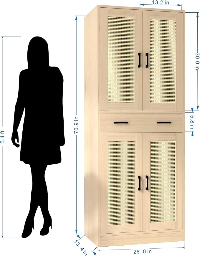 71" Tall Oak & Rattan Pantry Cabinet - Boho Chic Kitchen Storage with Doors & Drawer for Dining Room, Hallway or Kitchen Organization-CasaMuseHome