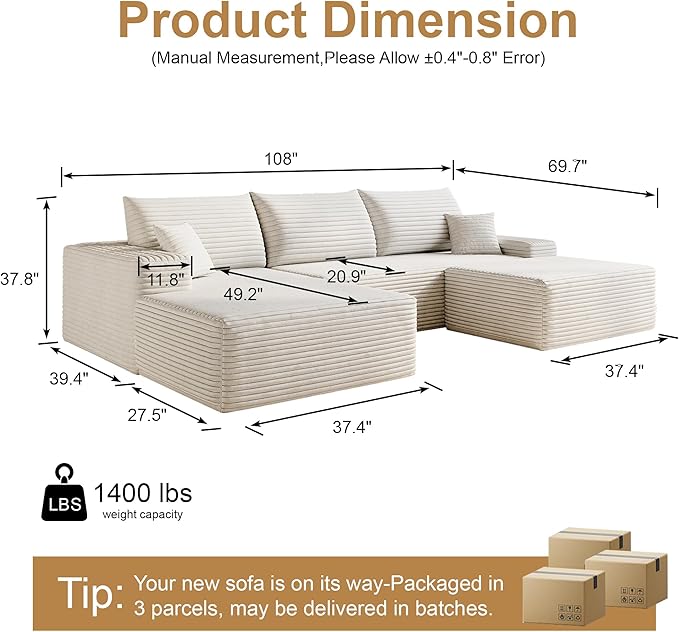 108" Sectional Couches for Living Room Modern Modular Sofa with L-Shape Couchs Upholstered Boneless Couch Deep Seat Sectional Couch with Chaise (White, Left Facing Chaise+2Seaters+1Ottoman)-CasaMuseHome