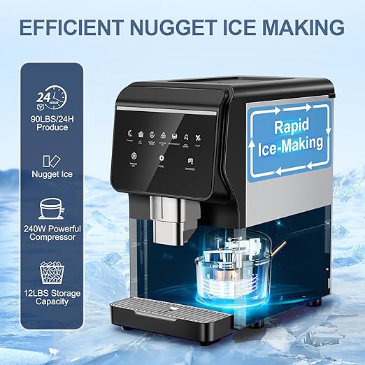 3-in-1 Nugget Ice Maker with Ice & Water Dispenser - 90Lbs/24H Pellet Chewable Ice, Self-Cleaning Countertop Stainless Steel Ice Machine for Commercial, Office, Kitchen, Party (Quiet Operation)-CasaMuseHome