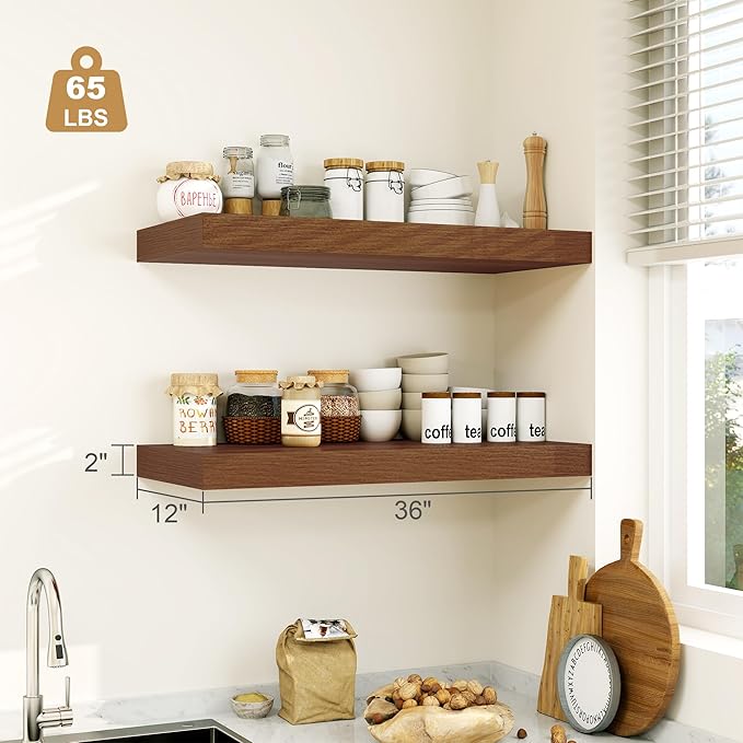 12" Deep Walnut Floating Shelves,Over Toilet Long Wall Mounted Modern Farmhouse 36 inches,Wall Shelves with Invisible Brackets for Bedroom, Bathroom, Living Room, Kitchen, Set of 1-CasaMuseHome
