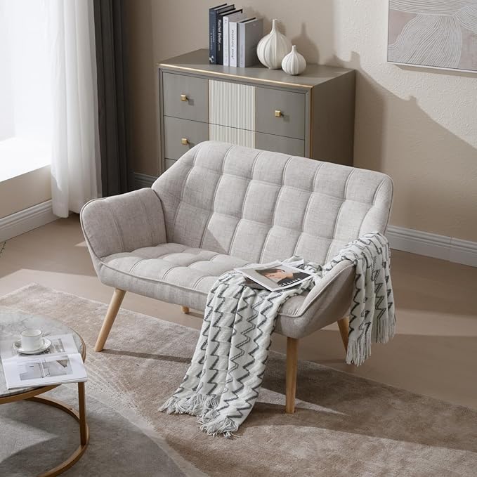 48" Small Loveseat Sofa, Modern Linen Fabric Mini Sofa Couch 2-Seater Love Seat with Quilting Backs and Wood Legs for Living Room, Bedroom and Small Space, Beige-CasaMuseHome