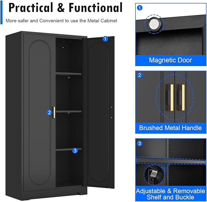 60" Tall Kitchen Pantry Cabinet, Metal Pantry Cabinet with Doors and Adjustable Shelves, Black Utility Storage Cabinet with Handles for Dining Room, Bathroom, Laundry Room - Assemble Required-CasaMuseHome