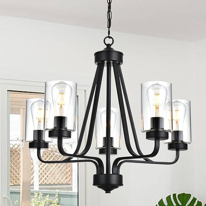 5-Lights Modern Chandelier with Clear Glass Shades, Black Farmhouse Pendant Lighting for Dining Room Kitchen Island Ceiling Light Fixture Haning Over Table-CasaMuseHome