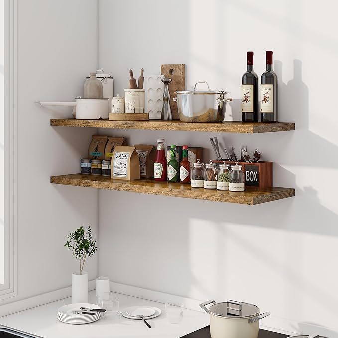 48" Floating Shelves for Wall, 12" Deep Slim Rustic Brown Floating Shelves, Wall-Mounted Shelves for Bedroom, Living Room, Kitchen, Bathroom - Set of 2-CasaMuseHome
