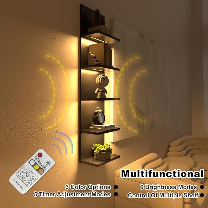 5 Tier Wall Shelf Unit, Black Modern Vertical Lack Wall Shelves with Light, Wall Mount, Floating Column Home Decor Shelves for Bedroom, Living Room, Vanity Storage Display-CasaMuseHome