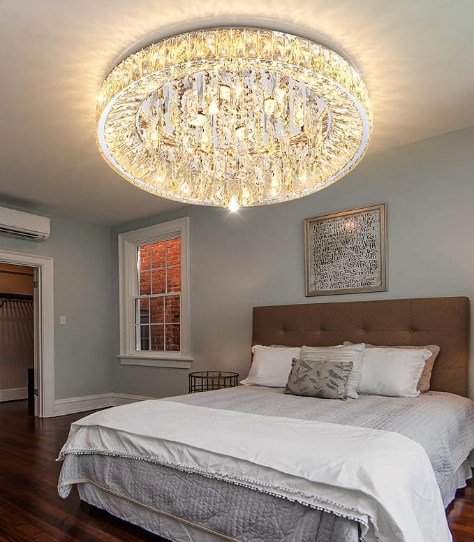 23.6'' Modern Crystal Chandeliers LED Dimmable Flush Mount Ceiling Chandeliers for Living Room Entrance Foyer Bedroom Silver-CasaMuseHome