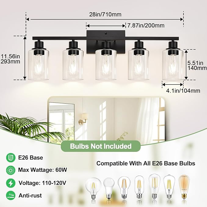 5-Light Bathroom Light Fixtures, Matte Black Modern Vanity Lights with Clear Glass Shades, Bathroom Vanity Light for Mirror Living Room Cabinet Bedroom Porch-CasaMuseHome