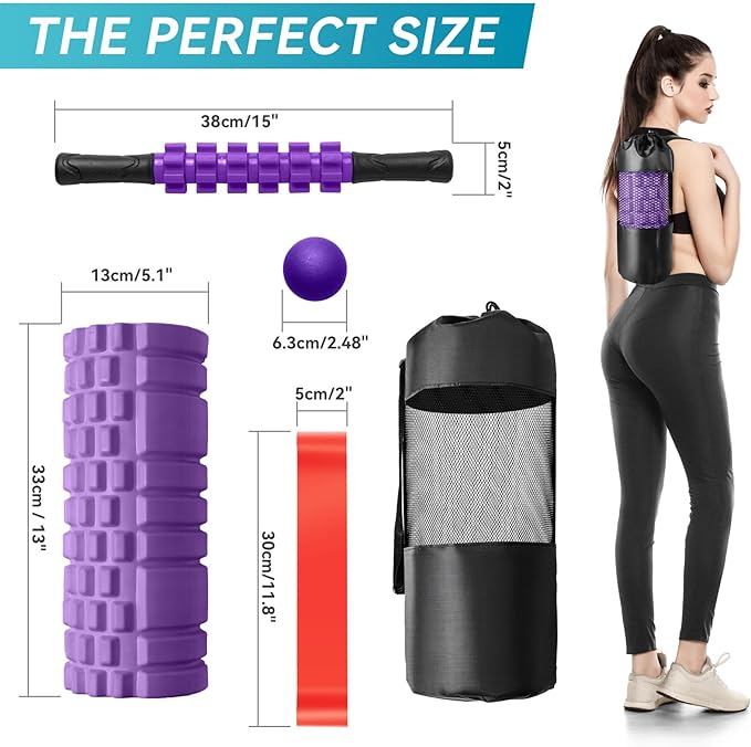 5 in1 Foam Roller Set, High Density Deep Tissue Massager for Muscle Massage, Massage Roller, Massage Ball, Resistance Band for Whole Body Physical Therapy Deep Muscle Massage (Purple)-CasaMuseHome