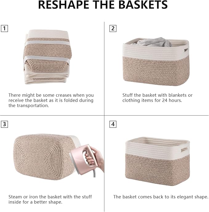4 Pack Storage Baskets for Organizing, Woven Baskets for Shelves - Perfect for Toys, Books, Towels, and Clothes, Durable Gift Basket Bins Toy Storage, 12.7''Lx9''Wx7.8''H, Brown & White-CasaMuseHome