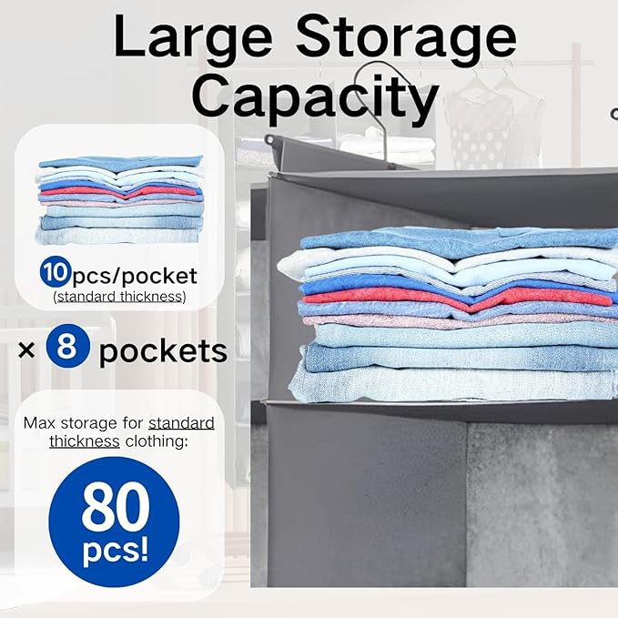 4 Tier Shelf Hanging Closet Organizer, Dual-Row 8 Pocket Cloth Hanging Shelf with 3 Sturdy Hooks for Storage, Foldable (Grey)-CasaMuseHome