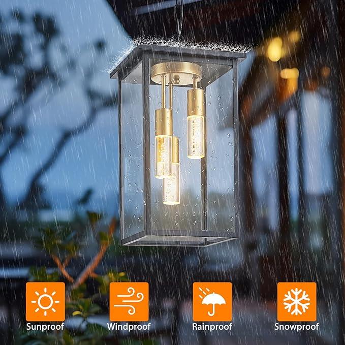 3-Color LED Outdoor Pendant Light with Remote, 3-Light 19" Large Outdoor Chandelier for Porch, Black Gold Exterior Pendant Lighting Fixtures Ceiling Mount Pendant Lantern for Patio Front Door-CasaMuseHome