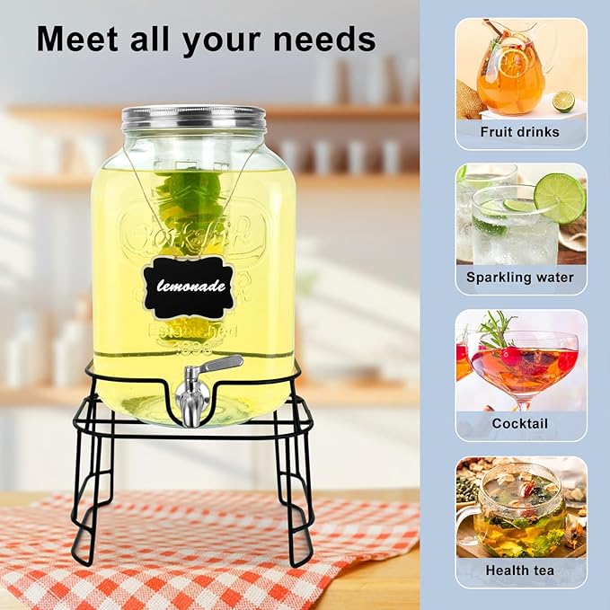 2 Gallon Glass Drink Dispensers For Parties,Beverage Dispensers With Stand And 100% Leakproof Stainless Steel Spigot.Glass Water Jug Dispenser,Lemonade Dispenser,Mason Jar.-CasaMuseHome