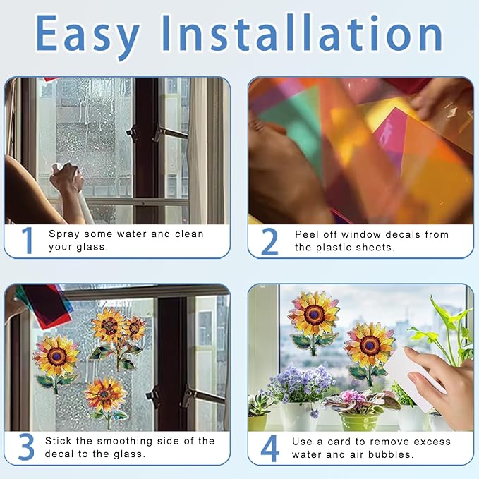 12pcs Window Decals for Bird Strikes, Anti Collision Window Clings, Rainbow Reflection Window Sticker, Sunflower Style Sun Catcher Stickers for Glass Windows-CasaMuseHome