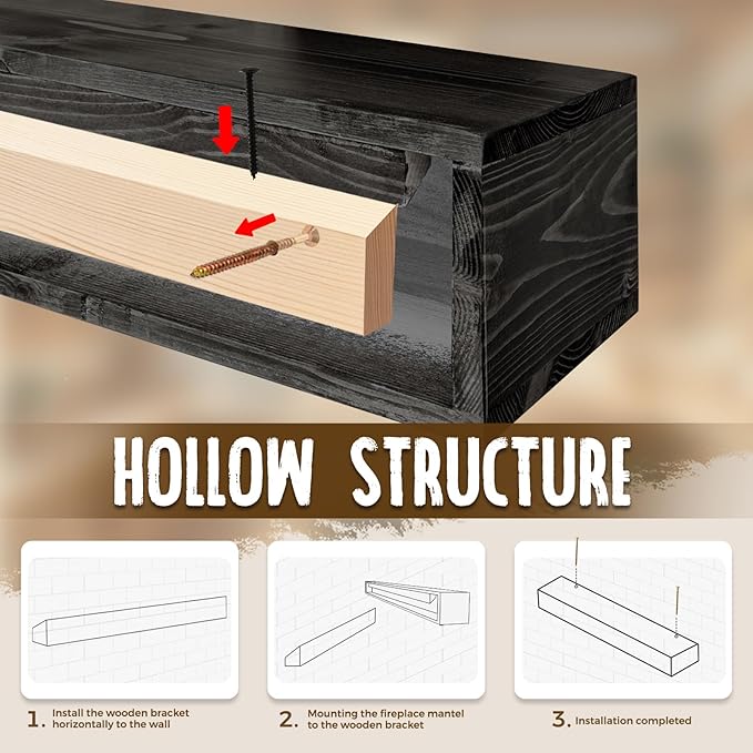 60x8x5 Fireplace Mantel - Handcrafted Hollow Rustic Solid Wood Wall Mounted Floating Shelf with Invisible Heavy Duty Wood Bracket (Weathered Black)-CasaMuseHome